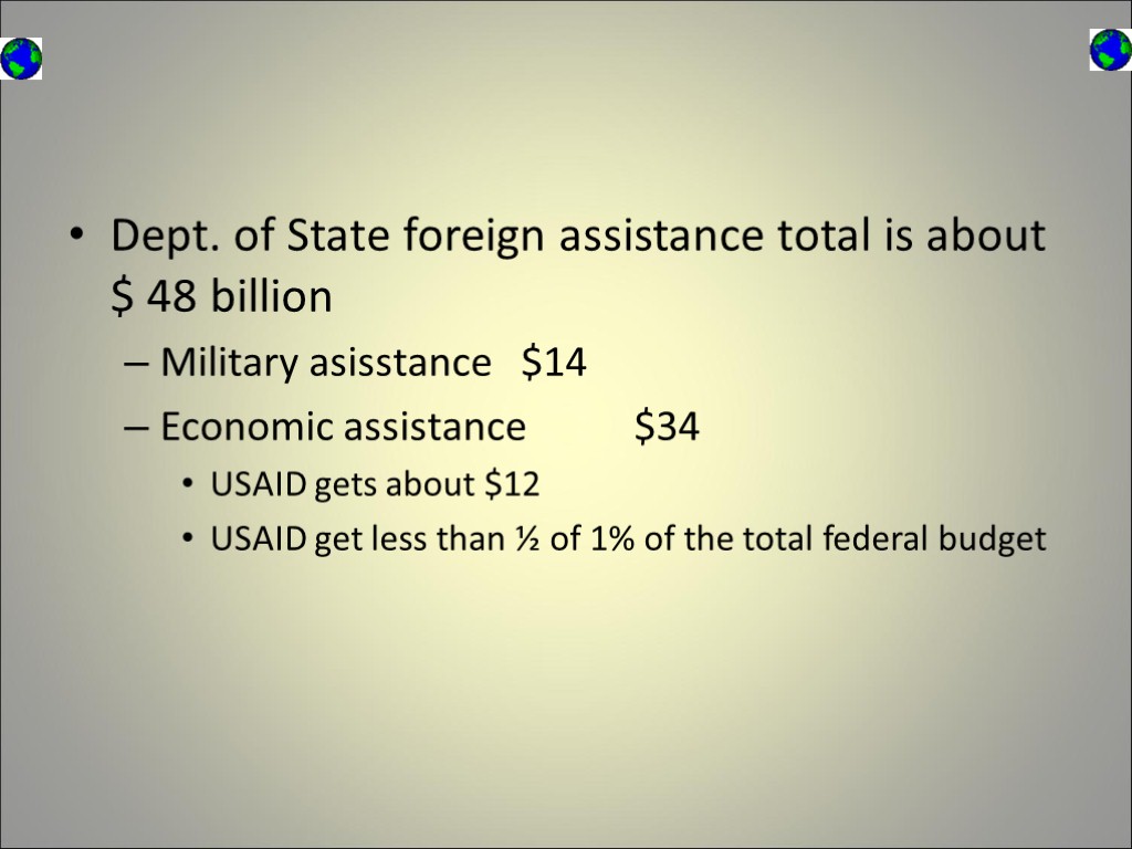 Dept. of State foreign assistance total is about $ 48 billion Military asisstance $14